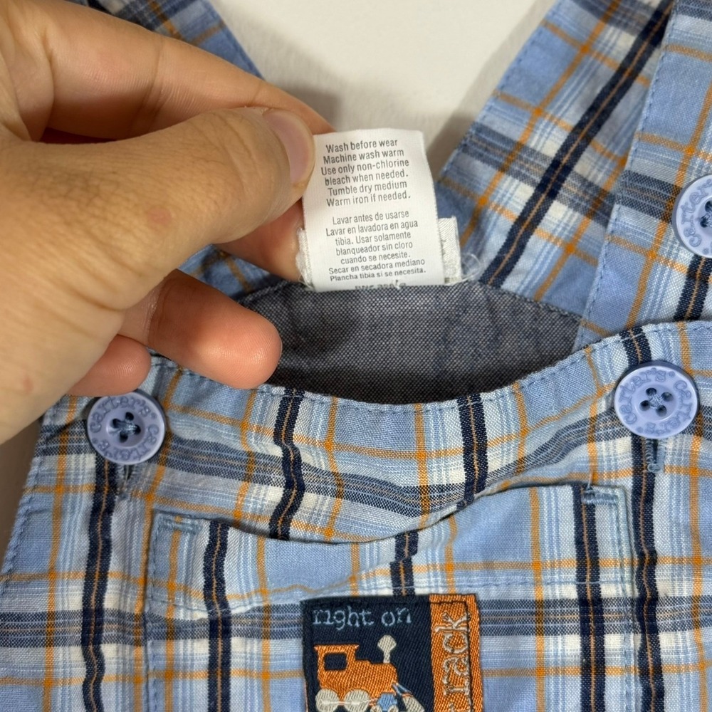 VTG Carters Kids Baby Boy Blue Plaid Train Embroidered Shortalls Overalls 6-9 M - Picture 8 of 11